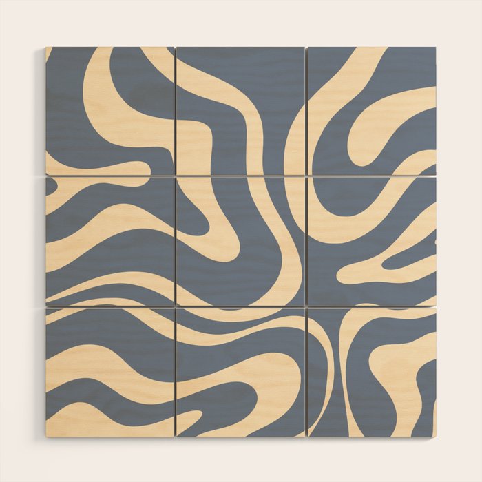 Modern Liquid Swirl Abstract Pattern in Stone Blue and Cream Wood Wall Art Gallery Image 1