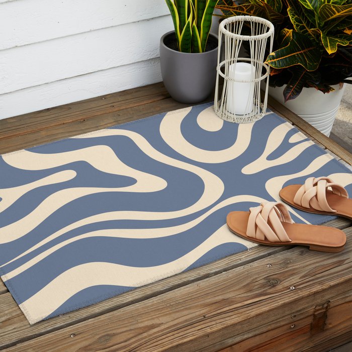 Modern Liquid Swirl Abstract Pattern in Stone Blue and Cream Outdoor Rug Gallery Image 2
