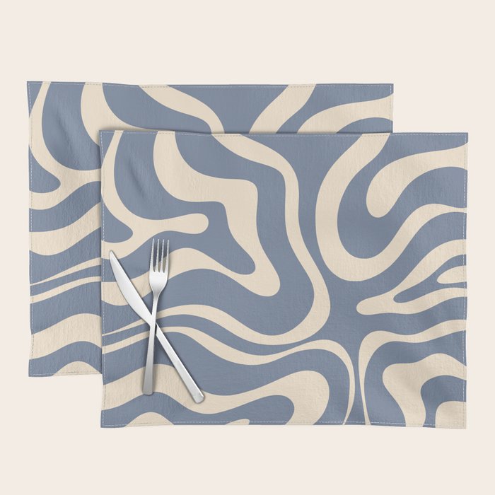 Modern Liquid Swirl Abstract Pattern in Stone Blue and Cream Placemat Gallery Image 1