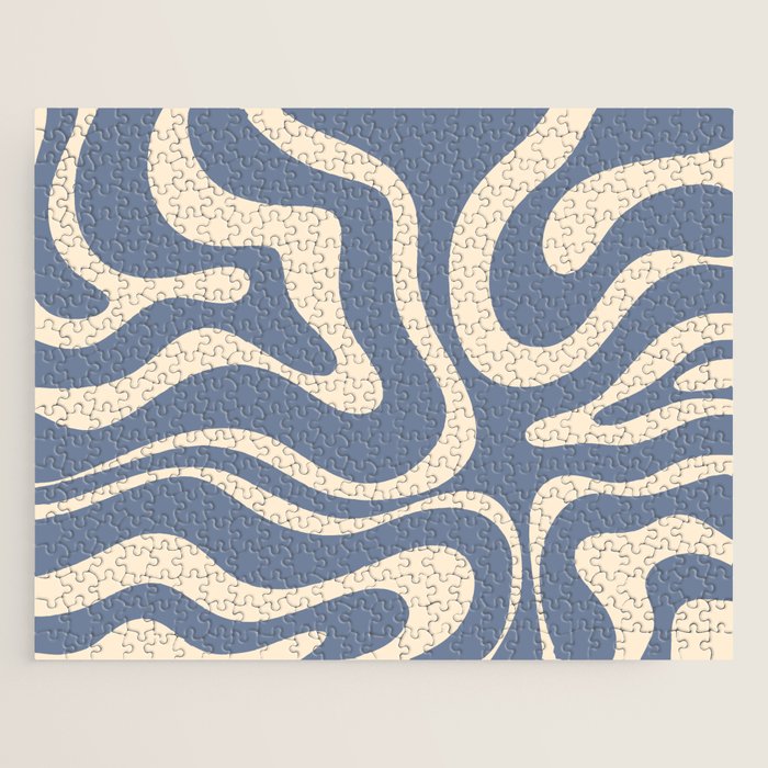 Modern Liquid Swirl Abstract Pattern in Stone Blue and Cream Jigsaw Puzzle Gallery Image 1