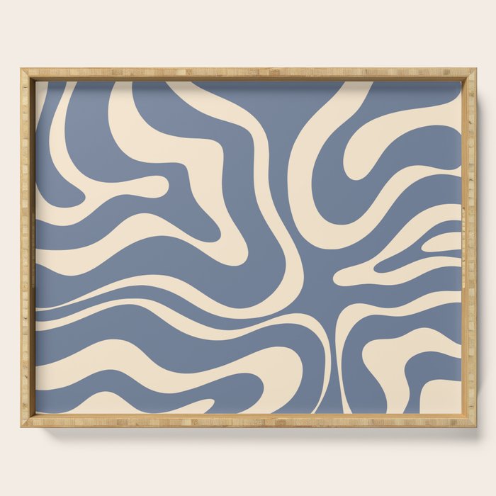 Modern Liquid Swirl Abstract Pattern in Stone Blue and Cream Serving Tray Gallery Image 1