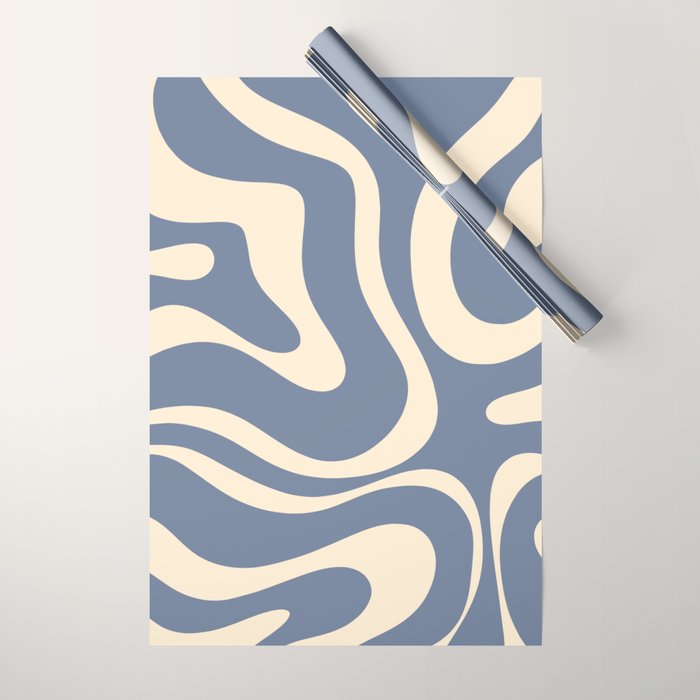 Modern Liquid Swirl Abstract Pattern in Stone Blue and Cream Wrapping Paper Gallery Image 1