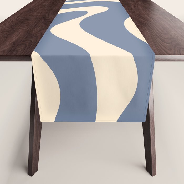 Modern Liquid Swirl Abstract Pattern in Stone Blue and Cream Table Runner Gallery Image 1