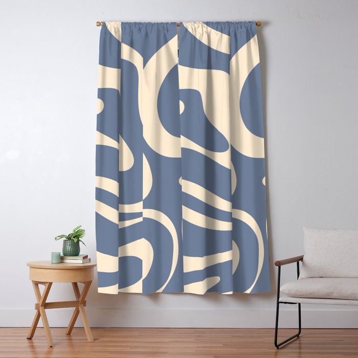 Modern Liquid Swirl Abstract Pattern in Stone Blue and Cream Window Curtain Gallery Image 1