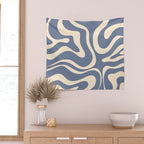 Modern Liquid Swirl Abstract Pattern in Stone Blue and Cream Wall Tapestry Gallery Image 2