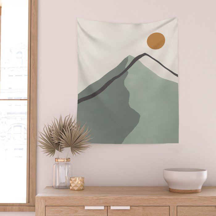 Minimalist Mountain Landscape in Sage Green Tones Wall Tapestry Gallery Image 2