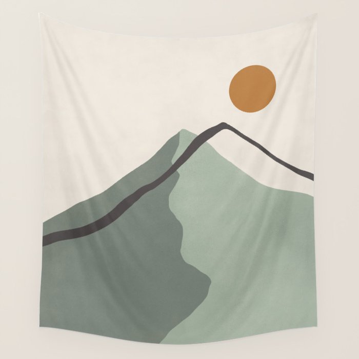 Minimalist Mountain Landscape in Sage Green Tones Wall Tapestry Gallery Image 4
