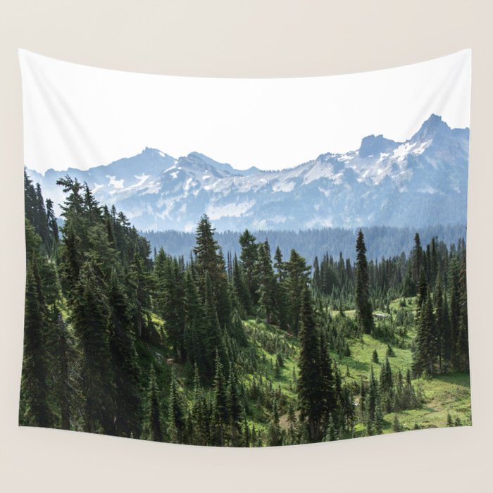 Mount Rainier Adventure - Pacific Northwest Mountain Forest Wanderlust Wall Tapestry Gallery Image 1