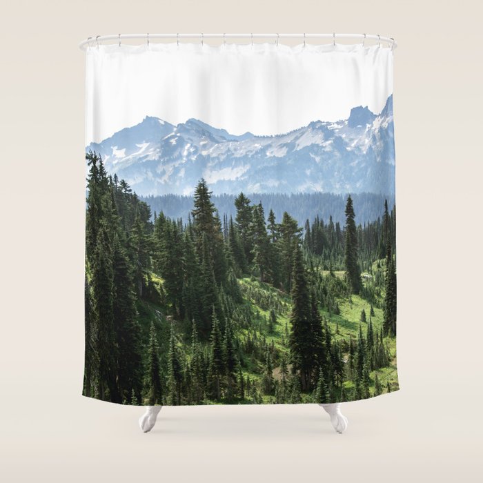 Mount Rainier Adventure - Pacific Northwest Mountain Forest Wanderlust Shower Curtain Gallery Image 1