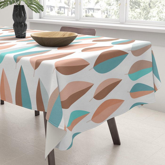 Mid Mod Dancing Leaf Pattern in earthy Peach & Jade Tablecloth Gallery Image 3