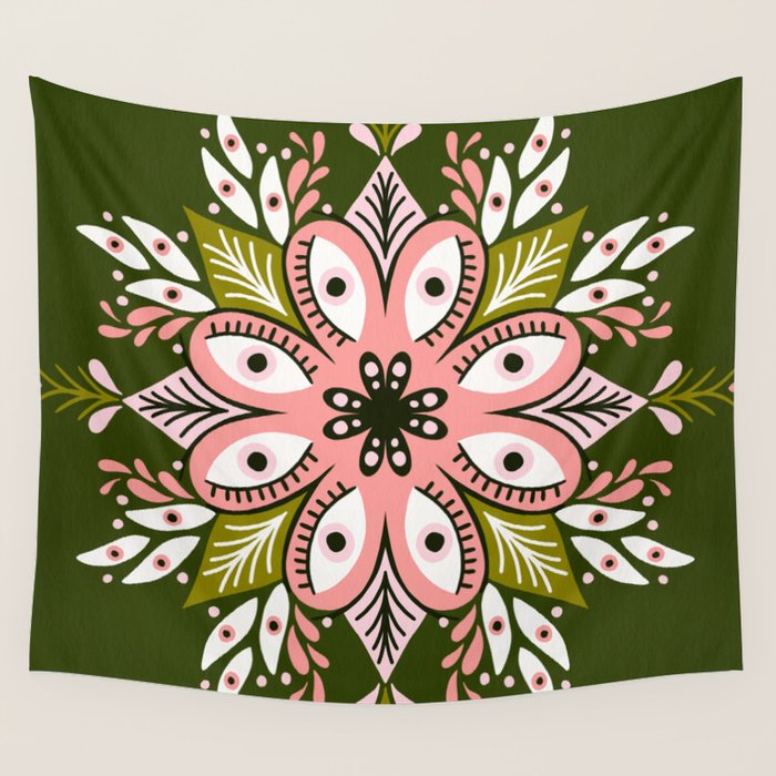 Psychedelic Mandala - Sage & Pink Wall Tapestry Gallery Image 1