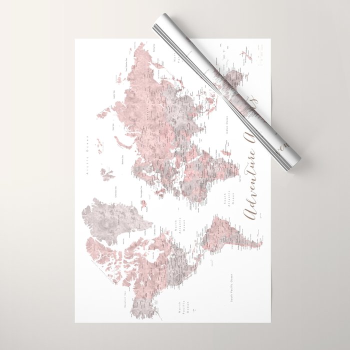 World map in dusty pink & grey watercolor, Adventure awaits Wrapping Paper Gallery Image 1