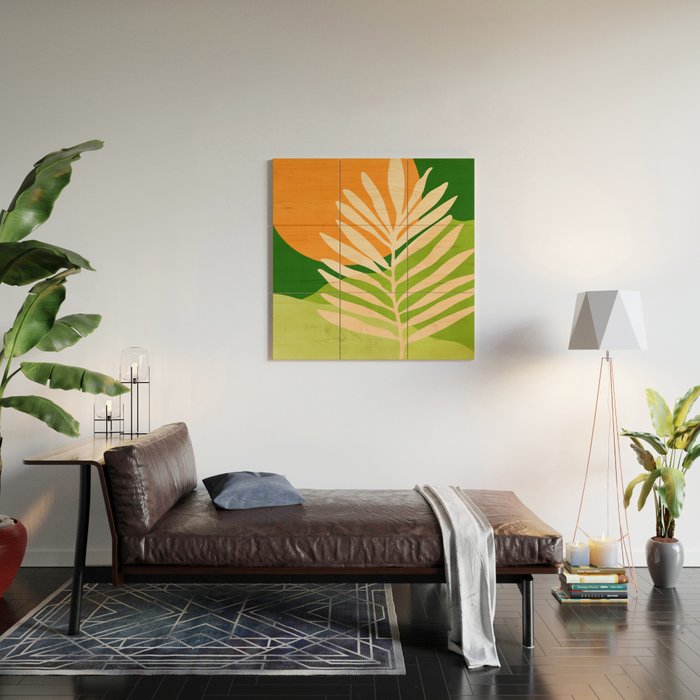 Sunny Palm Frond in Orange and Green Wood Wall Art Gallery Image 2