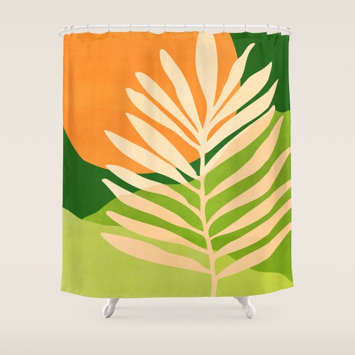 Sunny Palm Frond in Orange and Green Shower Curtain Gallery Image 1
