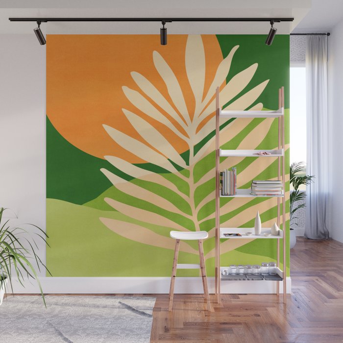 Sunny Palm Frond in Orange and Green Wall Mural Gallery Image 1