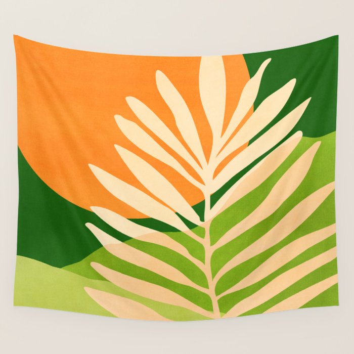 Sunny Palm Frond in Orange and Green Wall Tapestry Gallery Image 4