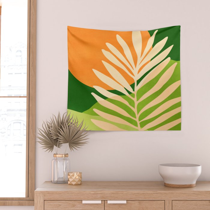 Sunny Palm Frond in Orange and Green Wall Tapestry Gallery Image 2