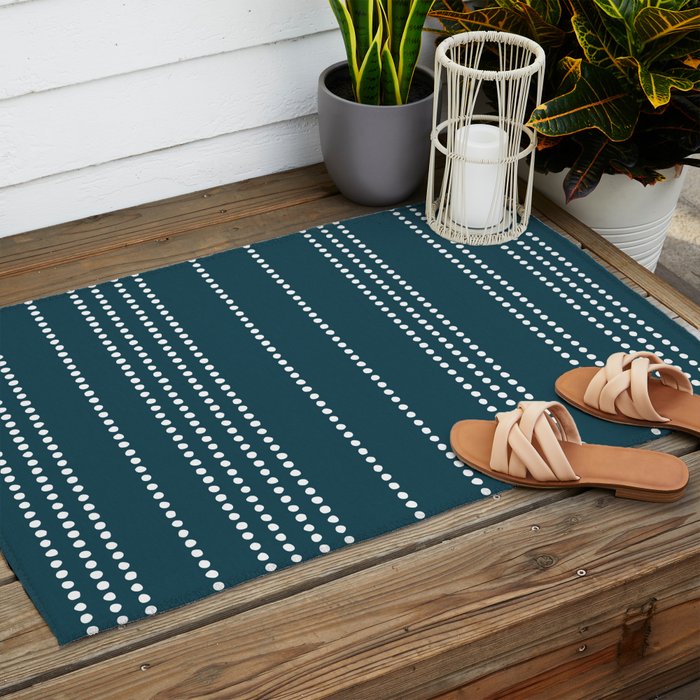 Ethnic Spotted Stripes in Teal Outdoor Rug Gallery Image 2