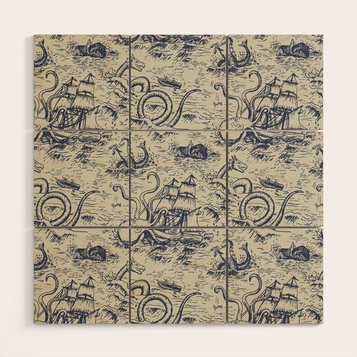 Mythical Sea Creatures Toile de Jouy Wood Wall Art Gallery Image 1