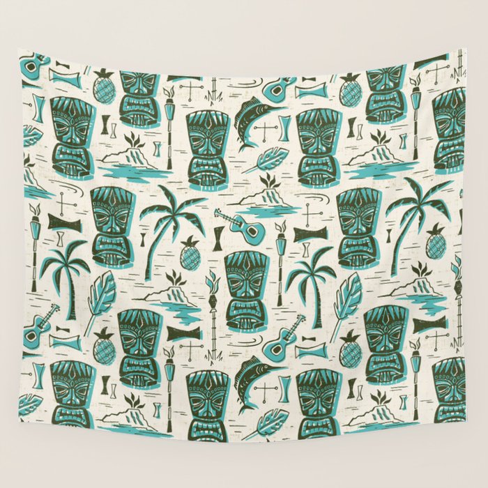 Tropical Tiki - Cream & Aqua Wall Tapestry Gallery Image 1