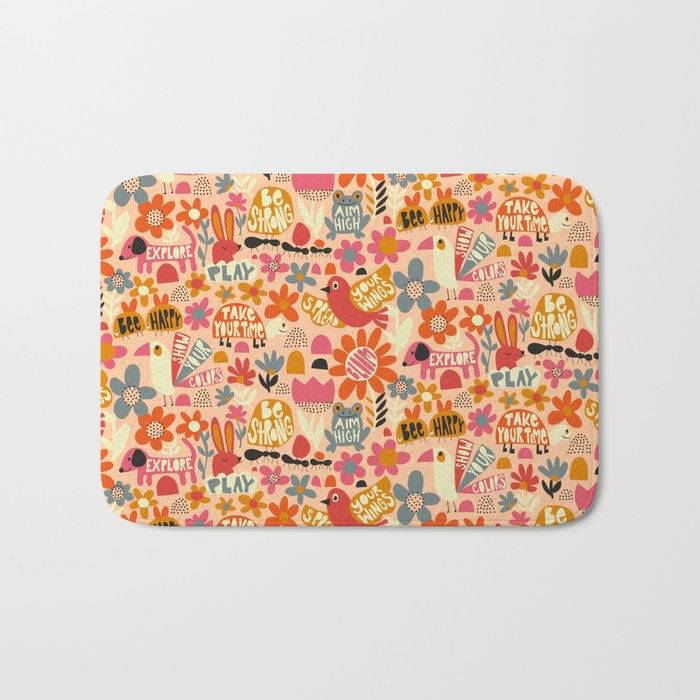 Playful Meadow Cute Animals with Motivational Affirmations - Bright and Warm Bath Mat Gallery Image 1