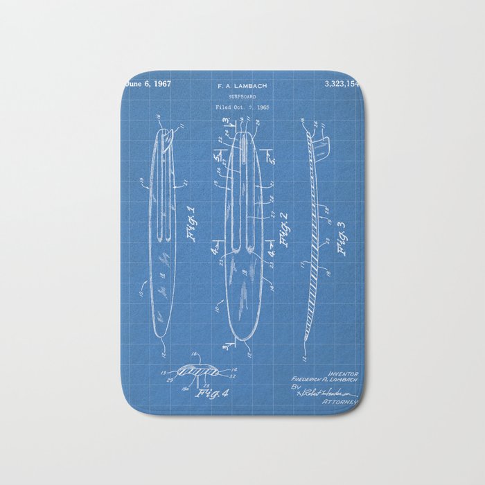 Surfboard Patent - Surfer Surfing Lover Art - Blueprint Bath Mat Gallery Image 1