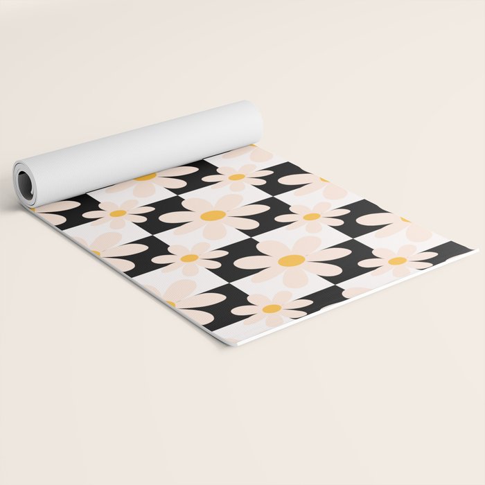 Black and White Checkered Daisy pattern  Yoga Mat Gallery Image 2