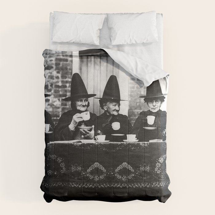 Humorous witches council of old ugly witches having tea and spells vintage black and white portrait photograph - photography - photographs Comforter Gallery Image 6