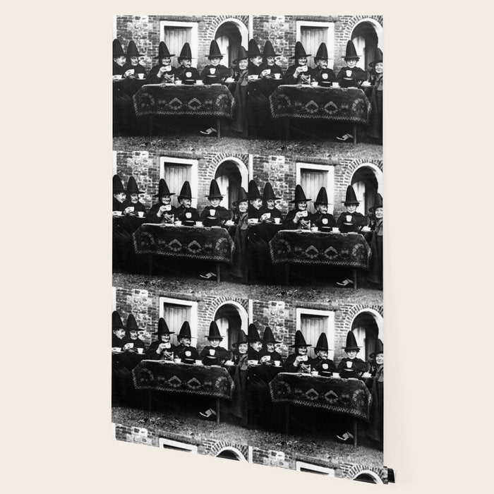 Humorous witches council of old ugly witches having tea and spells vintage black and white portrait photograph - photography - photographs Wallpaper Gallery Image 2