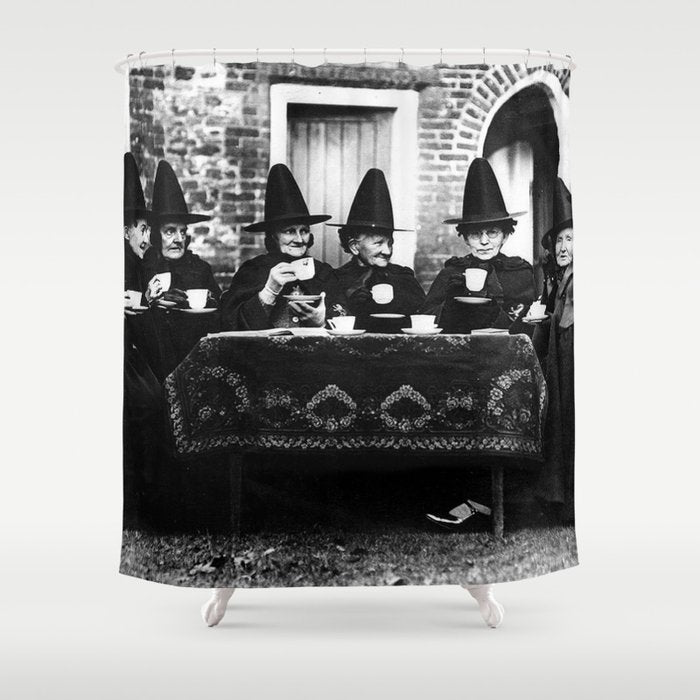 Humorous witches council of old ugly witches having tea and spells vintage black and white portrait photograph - photography - photographs Shower Curtain Gallery Image 1
