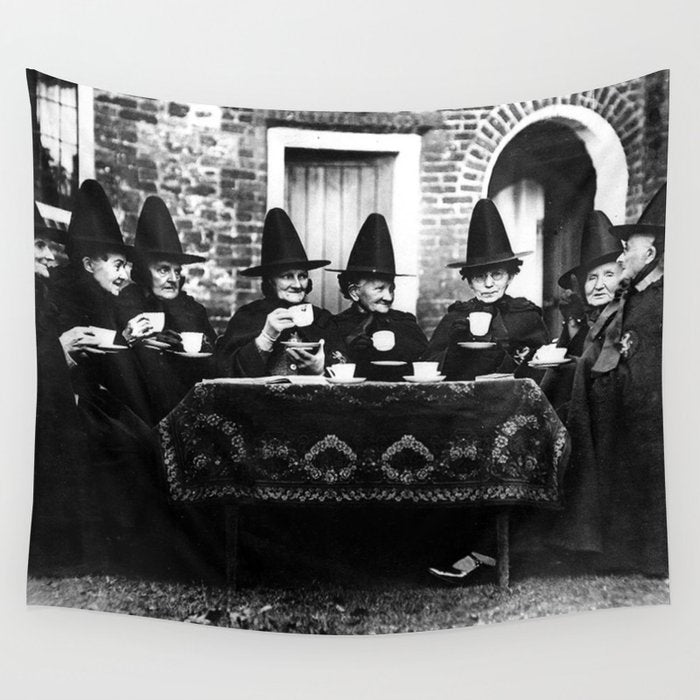Humorous witches council of old ugly witches having tea and spells vintage black and white portrait photograph - photography - photographs Wall Tapestry Gallery Image 4