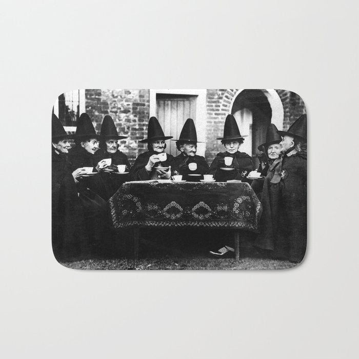 Humorous witches council of old ugly witches having tea and spells vintage black and white portrait photograph - photography - photographs Bath Mat Gallery Image 1