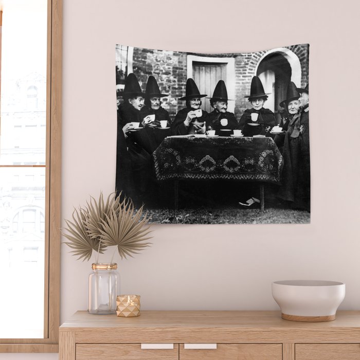 Humorous witches council of old ugly witches having tea and spells vintage black and white portrait photograph - photography - photographs Wall Tapestry Gallery Image 2