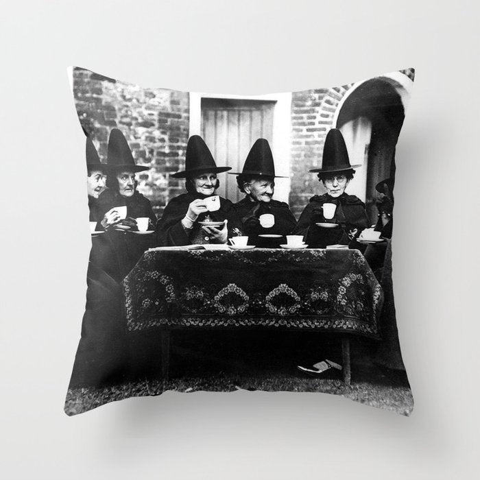 Humorous witches council of old ugly witches having tea and spells vintage black and white portrait photograph - photography - photographs Throw Pillow Gallery Image 1