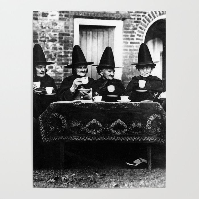Humorous witches council of old ugly witches having tea and spells vintage black and white portrait photograph - photography - photographs Poster Gallery Image 4