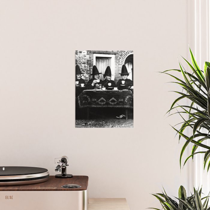 Humorous witches council of old ugly witches having tea and spells vintage black and white portrait photograph - photography - photographs Poster Gallery Image 2