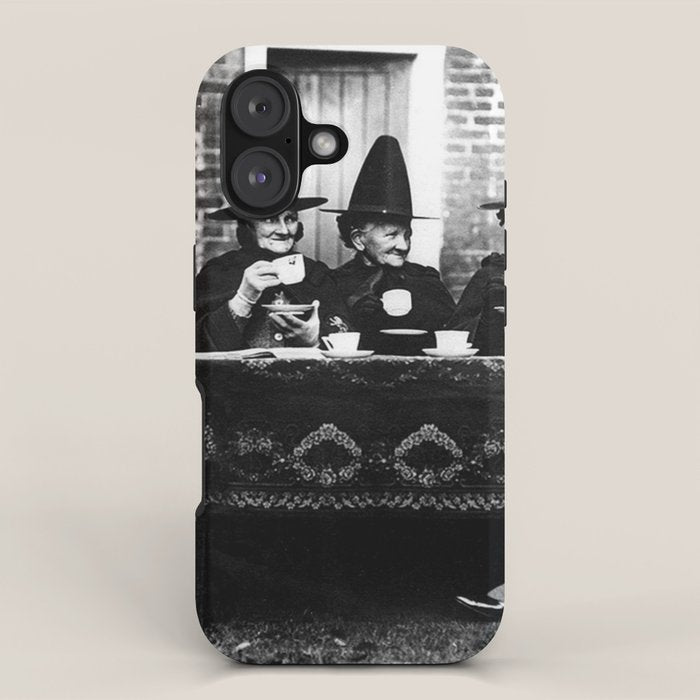 Humorous witches council of old ugly witches having tea and spells vintage black and white portrait photograph - photography - photographs iPhone Case Gallery Image 1