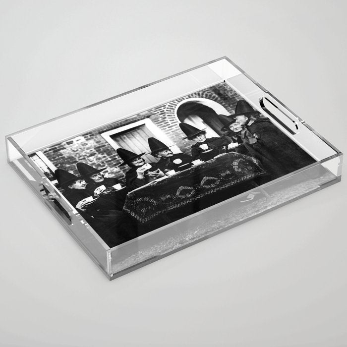 Humorous witches council of old ugly witches having tea and spells vintage black and white portrait photograph - photography - photographs Acrylic Tray Gallery Image 1