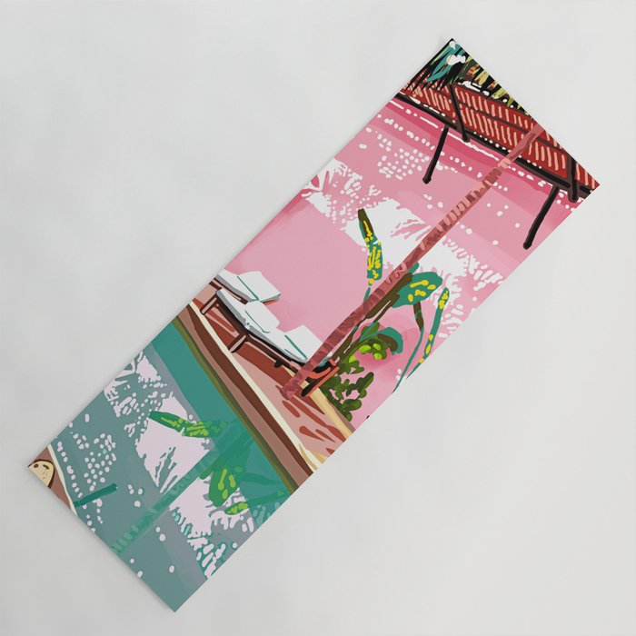 Vacay Villa | Blush Pink Summer Architecture | Tropical Travel Building | Palm Bohemian Resort Yoga Mat Gallery Image 1