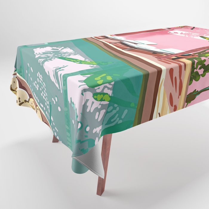 Vacay Villa | Blush Pink Summer Architecture | Tropical Travel Building | Palm Bohemian Resort Tablecloth Gallery Image 1
