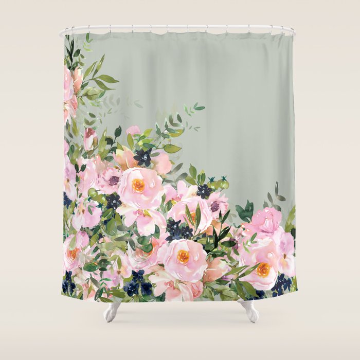 Floral Watercolor, Roses, Green and Pink Shower Curtain Gallery Image 1