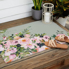 Floral Watercolor, Roses, Green and Pink Outdoor Rug Gallery Image 2