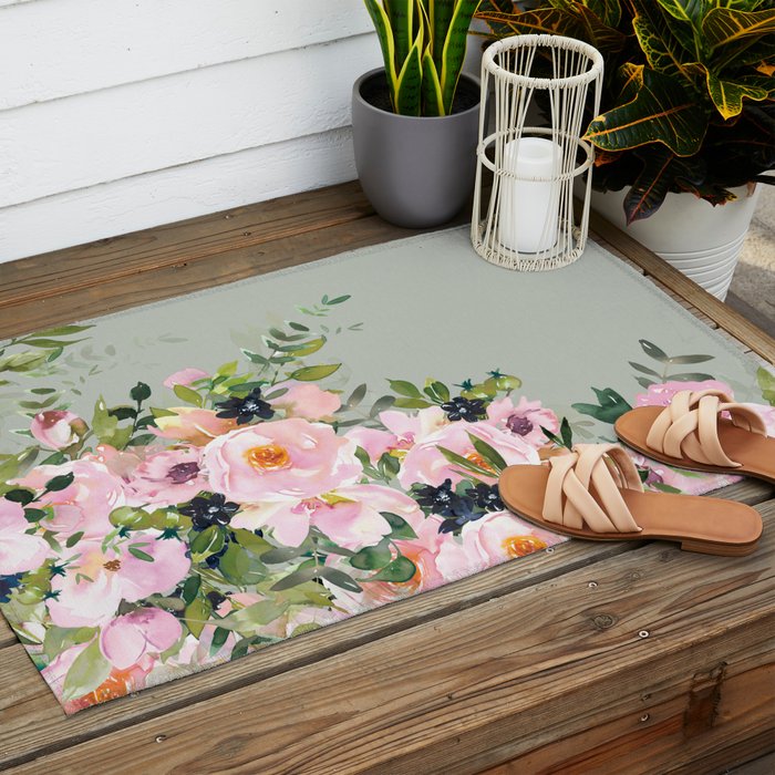 Floral Watercolor, Roses, Green and Pink Outdoor Rug Gallery Image 2