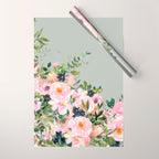 Floral Watercolor, Roses, Green and Pink Wrapping Paper Gallery Image 1