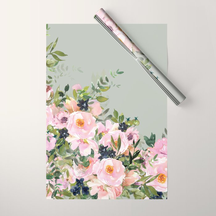Floral Watercolor, Roses, Green and Pink Wrapping Paper Gallery Image 1