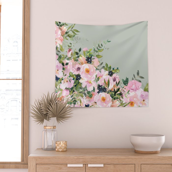 Floral Watercolor, Roses, Green and Pink Wall Tapestry Gallery Image 2