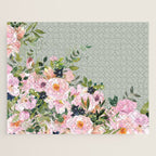 Floral Watercolor, Roses, Green and Pink Jigsaw Puzzle Gallery Image 1