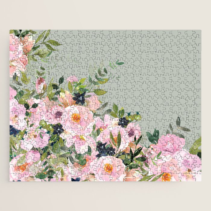 Floral Watercolor, Roses, Green and Pink Jigsaw Puzzle Gallery Image 1