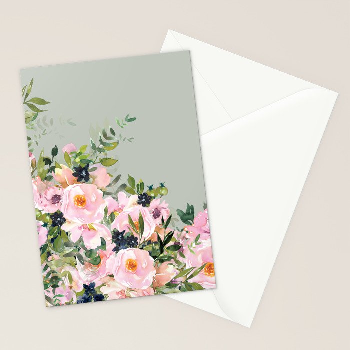 Floral Watercolor, Roses, Green and Pink Stationery Card Gallery Image 2