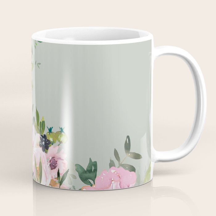 Floral Watercolor, Roses, Green and Pink Coffee Mug Gallery Image 1